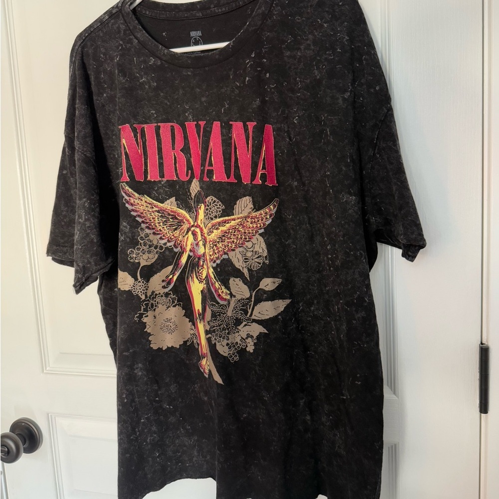 NIRVANA Black Short Sleeve Tee with Pink and Gold Graphic